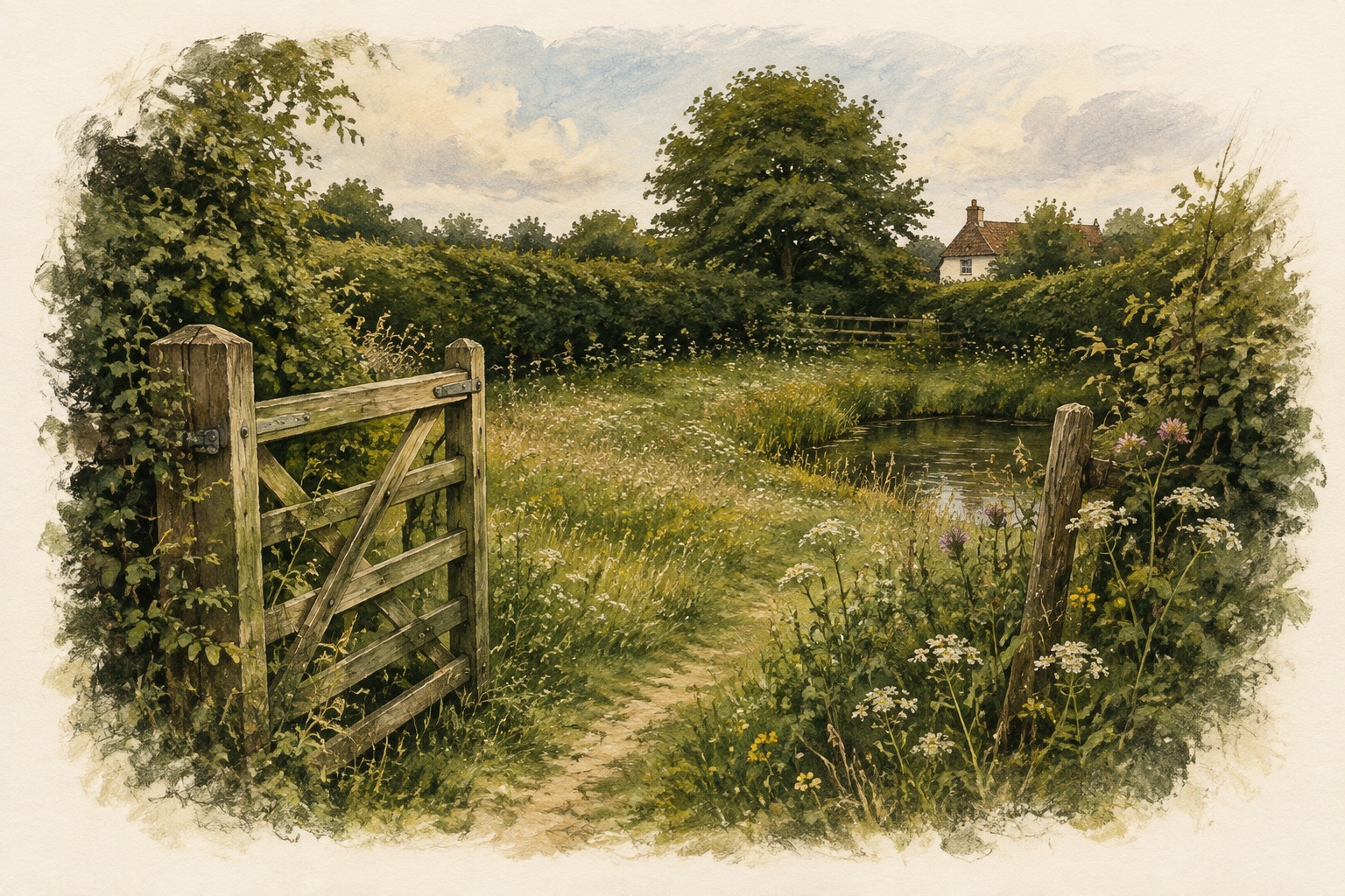 Illustration of a paddock through an open wooden gate.